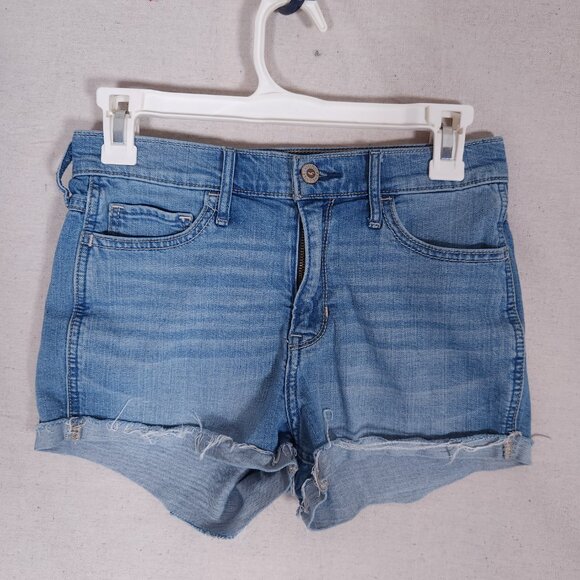 Hollister Womens Denim Jean Shorts Sz 3 W26 Blue Distressed Cutoff Y2K Casual - Picture 1 of 11